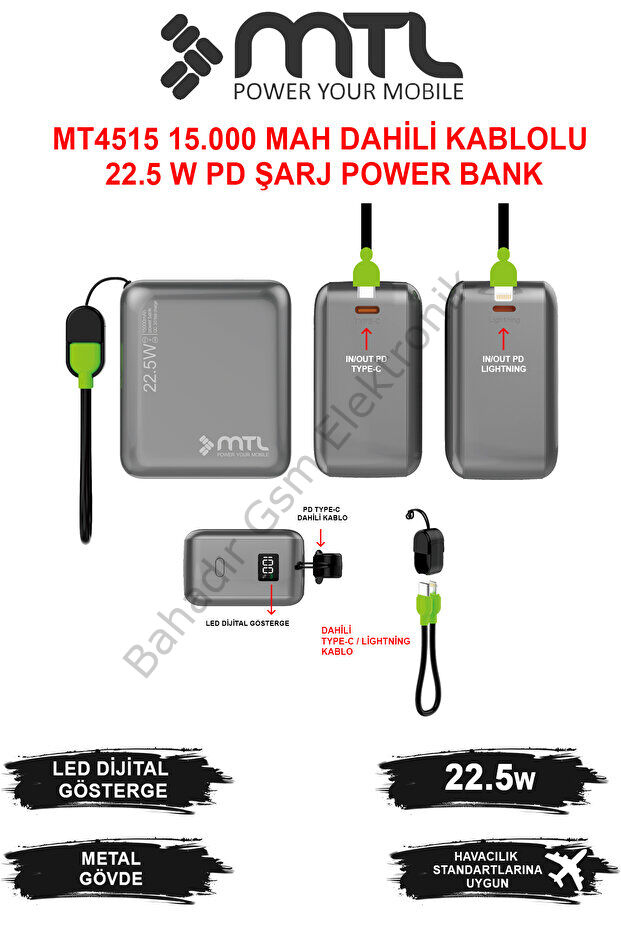 15000 mAh 22.5W Turbo Şarj Dahili Kablolu LED Göstergeli PD ve QC 3.0 Powerbank