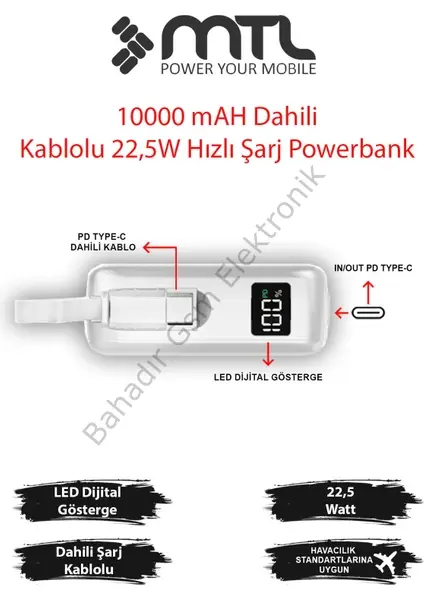 10000 mAh 22.5W Süper Hızlı Dahili Type-C Kablolu Dijital Göstergeli Hızlı Şarj Powerbank