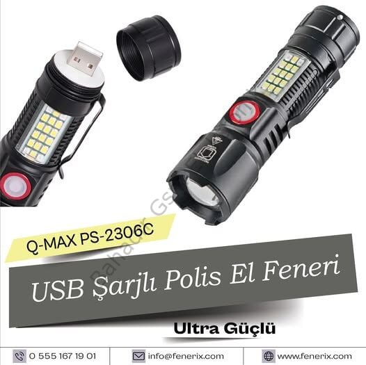 Q-MAX PS-2306C Ultra Güçlü USB Şarjlı Polis El Feneri 1000 Lümen